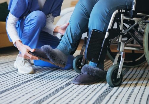 Hands,,Nurse,Or,Shoes,With,Wheelchair,For,Support,,Elderly,Care